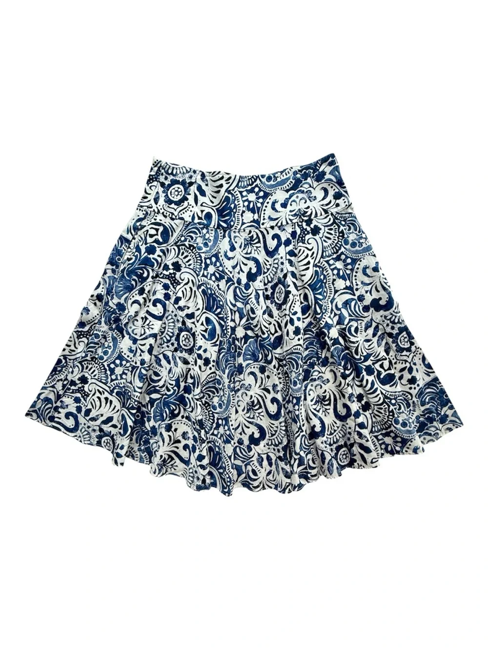 Lauren Ralph Lauren Womens White Blue Damask Cotton Pleated Skirt Pockets Size 2
